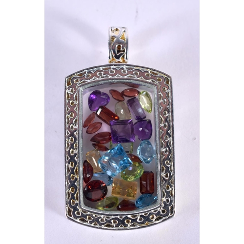 1166 - A SILVER PENDANT WITH A MULTI GEM INSERT.  Stamped 925, 5.8 cm x 3.8 cm, weight 23.6g