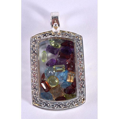 1166 - A SILVER PENDANT WITH A MULTI GEM INSERT.  Stamped 925, 5.8 cm x 3.8 cm, weight 23.6g