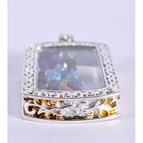 1166 - A SILVER PENDANT WITH A MULTI GEM INSERT.  Stamped 925, 5.8 cm x 3.8 cm, weight 23.6g