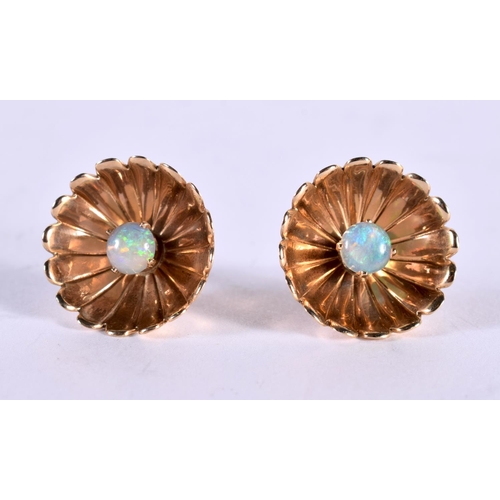 1172 - A PAIR OF FLOWER EARRINGS EACH SET WITH AN OPAL.  3.1cm, weight 4.4g