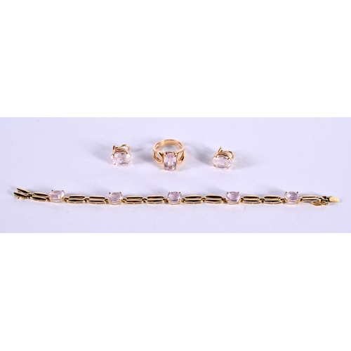 1174 - A 14CT GOLD AND GEM SET BRACELET, RING AND EARRINGS.  Stamped 14K, Ring Size Q, Bracelet 19 cm long ... 