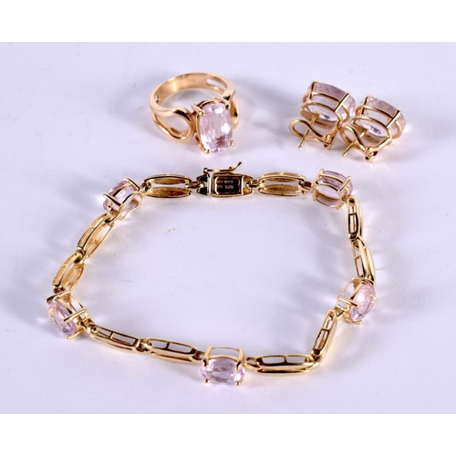 1174 - A 14CT GOLD AND GEM SET BRACELET, RING AND EARRINGS.  Stamped 14K, Ring Size Q, Bracelet 19 cm long ... 