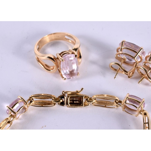 1174 - A 14CT GOLD AND GEM SET BRACELET, RING AND EARRINGS.  Stamped 14K, Ring Size Q, Bracelet 19 cm long ... 