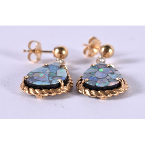 1179 - A PAIR OF 14CT GOLD MOUNTED OPAL EARRINGS.  Stamped 14K, 4.2 cm x 2.7cm, weight 3.7g