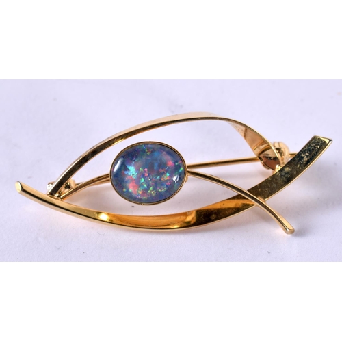 1184 - A SILVER GILT MOUNTED OPAL BROOCH.  Stamped 925, 4.4cm x 1.5cm, weight 3.3g