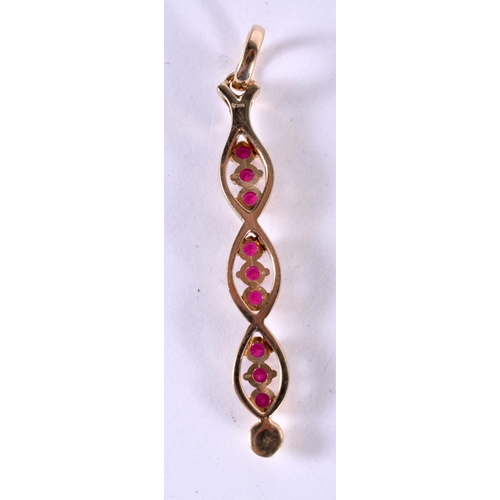 1187 - A 14CT GOLD DROP PENDANT SET WITH RUBIES.  Stamped 14K, 5.5cm x 0.7cm, weight 5.6g