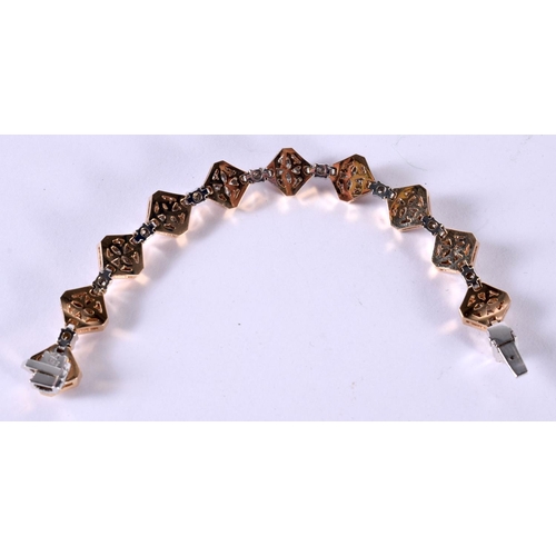 1193 - AN 18CT ROSE AND WHITE GOLD AND DIAMOND BRACELET.  Stamped 18K, length 14.7cm, weight 32g