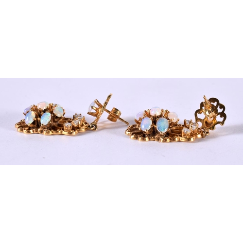 1200 - A PAIR OF 14CT GOLD DIAMOND AND OPAL DROP EARRINGS.  Stamped 14K, 5.3cm x 3.1cm, weight 10.5g