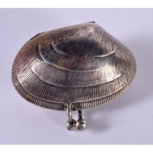 1212 - A CONTINENTAL SILVER SNUFF BOX WITH GILT INTERIOR IN THE FORM OF A CLAM SHELL.  2.6 cm x 5.4cm x 4.8... 