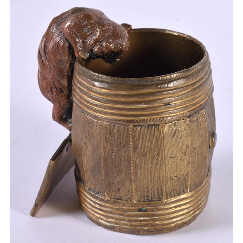 1213 - A LATE 19TH CENTURY AUSTRIAN PAINTED BRONZE CAT GAZING INTO A BARREL MATCH STRIKER.  7.6 cm x 6.4cm ... 