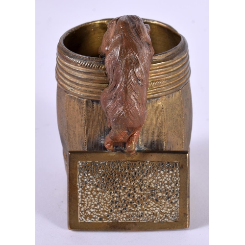 1213 - A LATE 19TH CENTURY AUSTRIAN PAINTED BRONZE CAT GAZING INTO A BARREL MATCH STRIKER.  7.6 cm x 6.4cm ... 