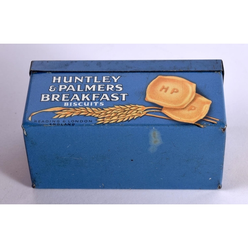 1219 - VINTAGE EARLY HUNTLEY & PALMERS BREAKFAST BISCUITS SAMPLE TIN.  6.6 cm x 3.2 cm, weight 23g