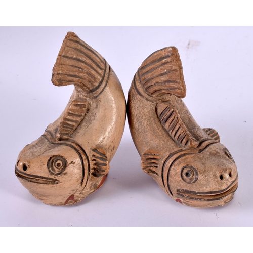 1221 - TWO SOUTH AMERICAN TERRACOTTA FISH.  10cm x 10cm x 6 cm