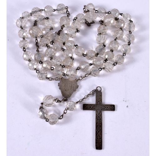 1234 - A WHITE METAL ROSARY WITH GLASS BEADS.  84cm long, weight 81g