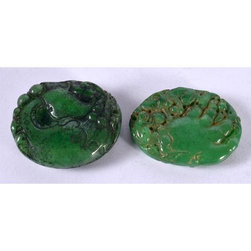 1247 - THREE GREEN JADE PENDANTS.  Largest 4.7cm x 4.1cm, total weight 77g