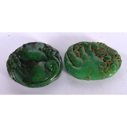 1247 - THREE GREEN JADE PENDANTS.  Largest 4.7cm x 4.1cm, total weight 77g