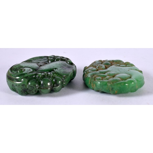 1247 - THREE GREEN JADE PENDANTS.  Largest 4.7cm x 4.1cm, total weight 77g