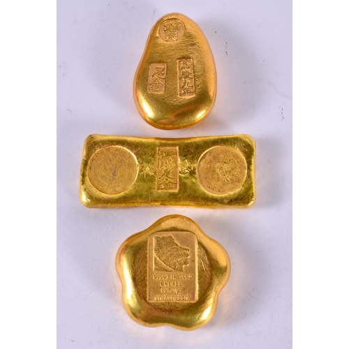 1248 - THREE YELLOW METAL WEIGHTS WITH CHINESE DECORATION (3)