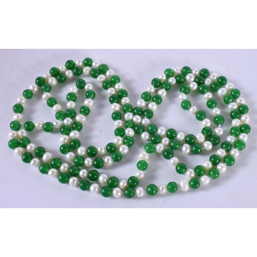 1261 - A JADE AND PEARL BEAD NECKLACE.  Length 123cm, Bead size 6mm, weight 63g