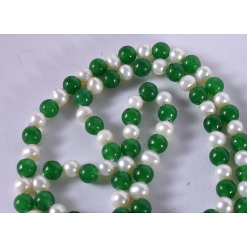 1261 - A JADE AND PEARL BEAD NECKLACE.  Length 123cm, Bead size 6mm, weight 63g