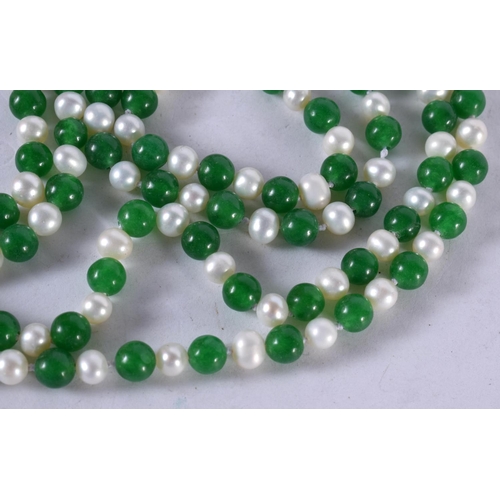 1261 - A JADE AND PEARL BEAD NECKLACE.  Length 123cm, Bead size 6mm, weight 63g