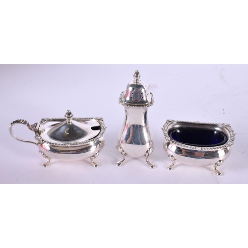 1277 - A THREE PIECE SILVER CRUET BY ROBERTS & BELK.  Hallmarked Sheffield 1982,  Pepper Pot 9.8 cm x 4.1cm... 