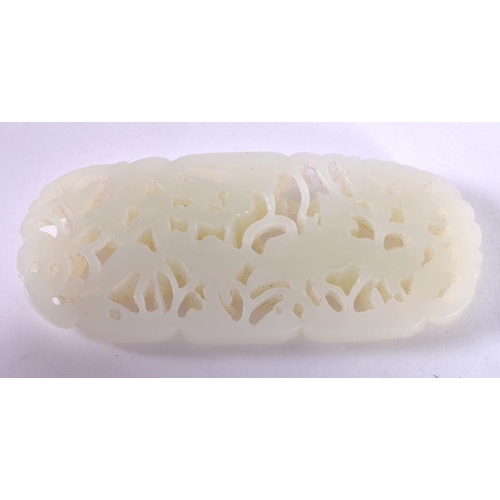 1282 - A PIERCED JADE CARVING.  9cm x 4cm x 0.9cm, weight 52.6g