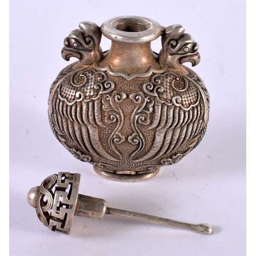 1286 - A CHINESE WHITE METAL SNUFF BOTTLE.  8.2 cm x 6.4cm x 4cm, weight 174.3g