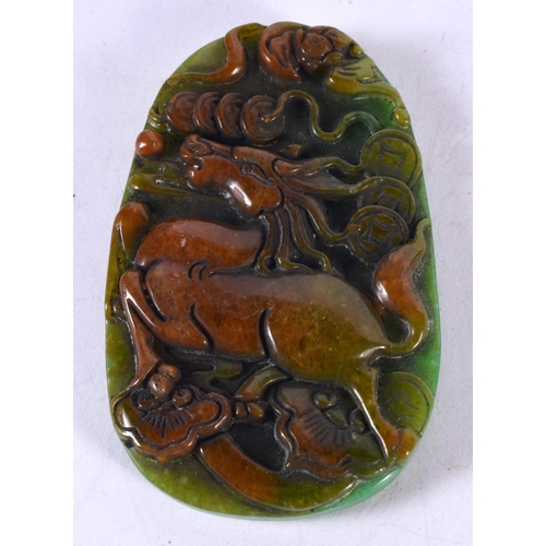 1311 - A CHINESE CARVED JADE HORSE PENDANT. 101 grams. 9.5 cm x 6 cm.