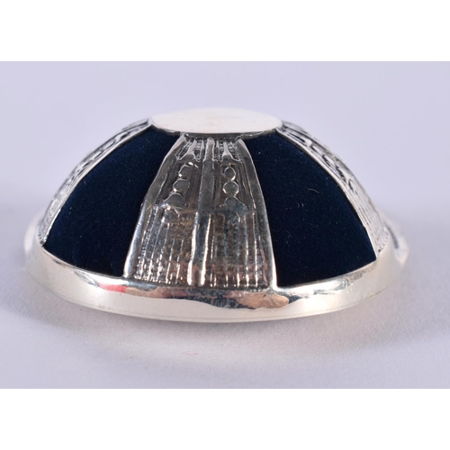 1356 - A SILVER JOCKEY HAT PIN CUSHION. 20 grams. 5.25 cm x 4 cm.