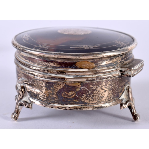 1378 - A SILVER TRINKET BOX WITH TORTOISESHELL LID INLAID WITH SILVER.  Hallmarked Birmingham 1925, 6 cm x ... 