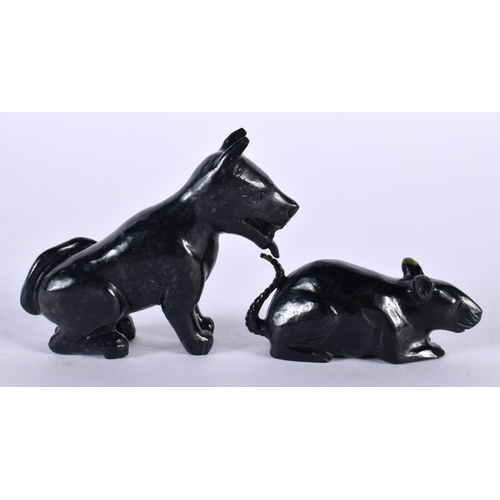 1397 - A HARDSTONE CARVED DOG AND A CARVED RAT.  Dog 8 cm x 6 cm x 2.1cm (2)