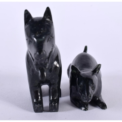 1397 - A HARDSTONE CARVED DOG AND A CARVED RAT.  Dog 8 cm x 6 cm x 2.1cm (2)