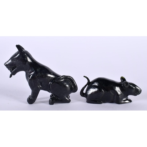 1397 - A HARDSTONE CARVED DOG AND A CARVED RAT.  Dog 8 cm x 6 cm x 2.1cm (2)