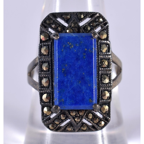 1421 - A SILVER RING SET WITH LAPIS.  Stamped Sterling, Size P, weight 8g