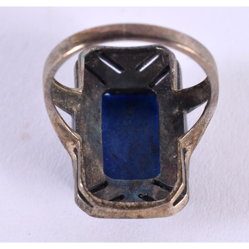 1421 - A SILVER RING SET WITH LAPIS.  Stamped Sterling, Size P, weight 8g