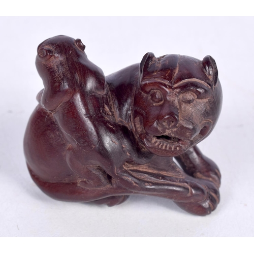 1434 - A CARVED WOOD NETSUKE IN THE FORM OF A FOO DOG.  4.9cm x 4.7cm x 3.1cm, weight 17.4g