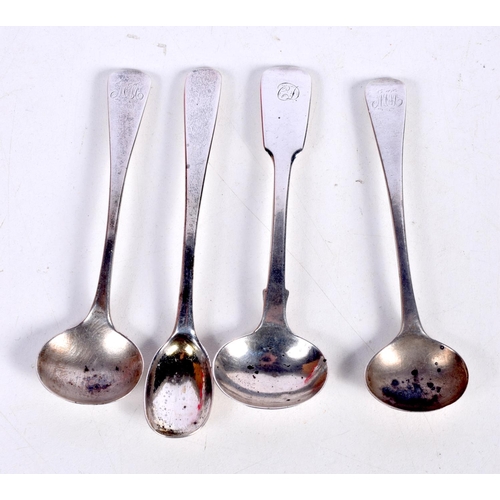 1461 - FOUR HALLMARKED SILVER MUSTARD SPOONS.  Largest 10.8 cm x 1.8 cm, total weight 44g