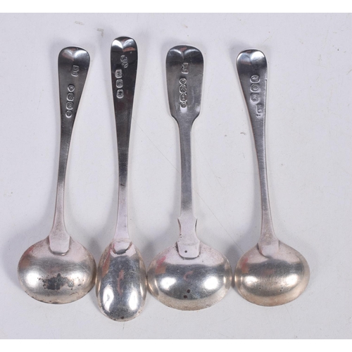 1461 - FOUR HALLMARKED SILVER MUSTARD SPOONS.  Largest 10.8 cm x 1.8 cm, total weight 44g