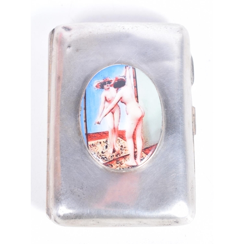 1462 - A SILVER CIGARETTE CASE WITH AN ENAMEL CABOCHON DEPICTING A NUDE POSING IN FRONT OF A MIRROR.  Hallm... 