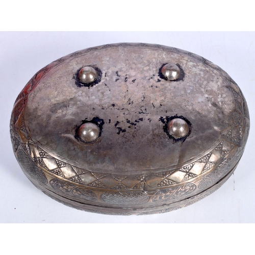 1471 - A WHITE METAL OVAL BOX AND COVER.  7.8 cm x 20cm x 15cm, weight 209g