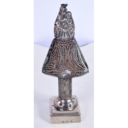 1472 - AN ANTIQUE SILVER MADONNA AND CHILD WITH A FILIGREE ROBE ON A STAND.  Unknown marks, 20cm x 8 cm x 5... 