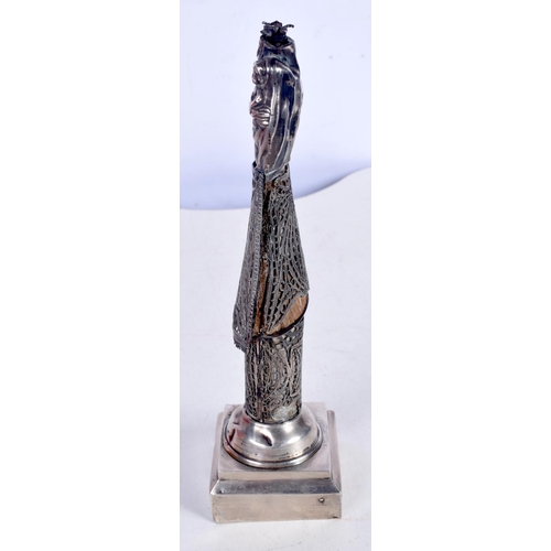 1472 - AN ANTIQUE SILVER MADONNA AND CHILD WITH A FILIGREE ROBE ON A STAND.  Unknown marks, 20cm x 8 cm x 5... 