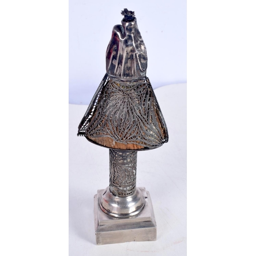 1472 - AN ANTIQUE SILVER MADONNA AND CHILD WITH A FILIGREE ROBE ON A STAND.  Unknown marks, 20cm x 8 cm x 5... 