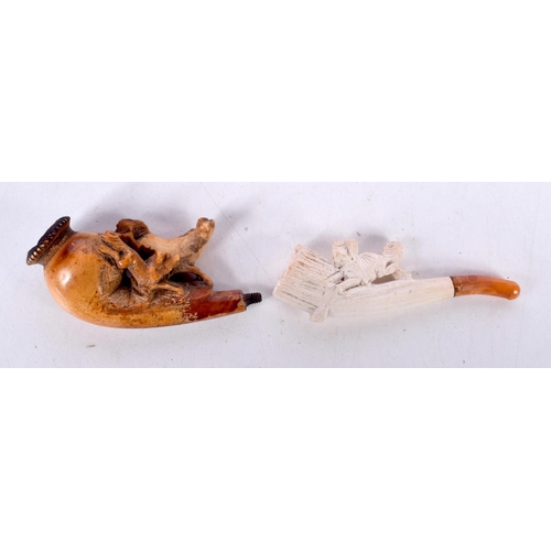 1473 - A CASED MEERSCHAUM PIPE CARVED WITH A HUNTING DOG TOGETHER WITH A CASED MEERSCHAUM BOWL CARVED WITH ... 