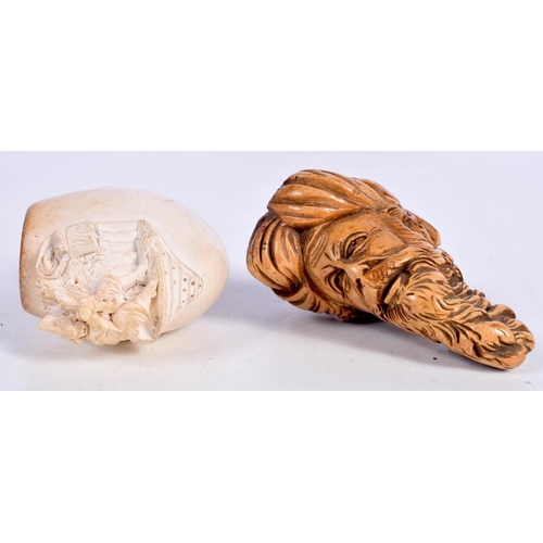 1474 - TWO CARVED MEERSCHAUM PIPE BOWLS.  ONE CARVED WITH A TURK'S HEAD AND THE OTHER WITH A FIGURE DRINKIN... 