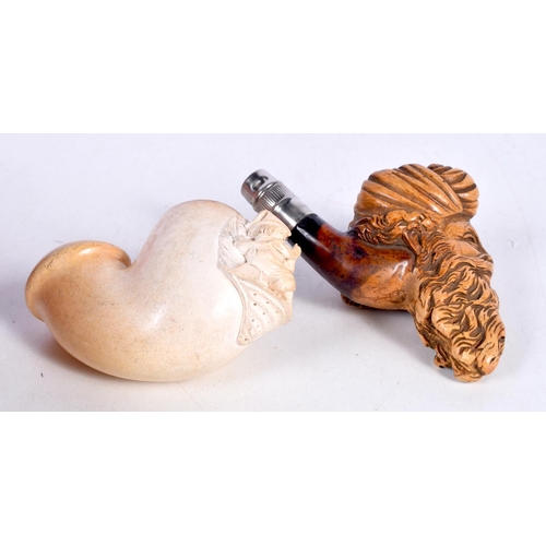 1474 - TWO CARVED MEERSCHAUM PIPE BOWLS.  ONE CARVED WITH A TURK'S HEAD AND THE OTHER WITH A FIGURE DRINKIN... 