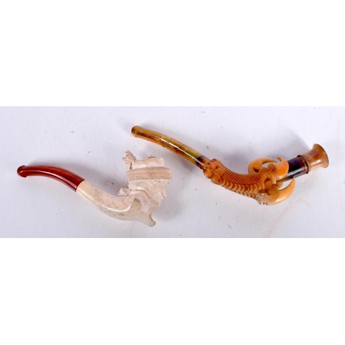 1478 - A MEERSCHAUM PIPE CARVED AS AN EAGLE CLAW WITH AN AMBER MOUTHPIECE TOGETHER WITH ANOTHER PIPE CARVED... 