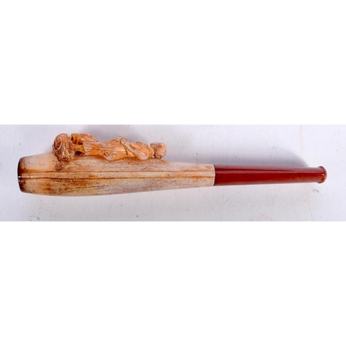 1479 - A CASED MEERSCHAUM PIPE CARVED WITH A GEORGIAN COUPLE WITH AN AMBER MOUTHPIECE.  14.7cm x 2.5cm x 3.... 