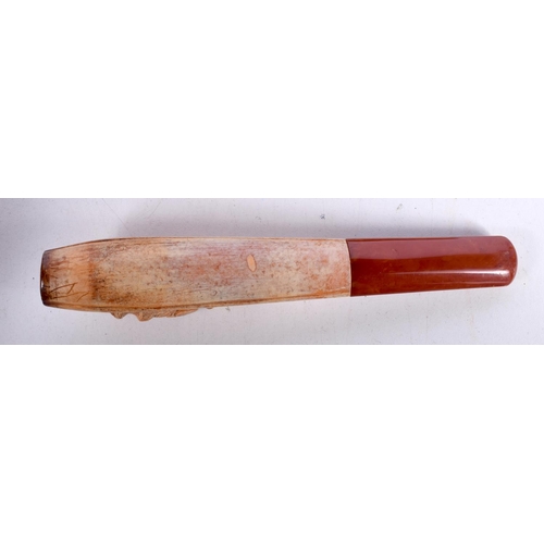 1479 - A CASED MEERSCHAUM PIPE CARVED WITH A GEORGIAN COUPLE WITH AN AMBER MOUTHPIECE.  14.7cm x 2.5cm x 3.... 